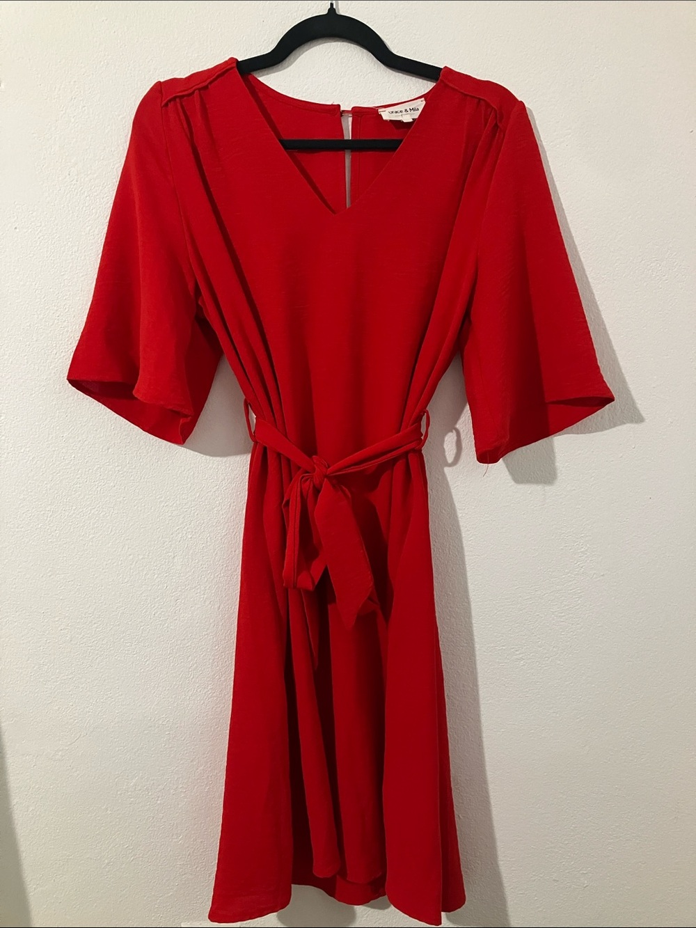Grace & Mila Tie-Waist Vibrant Red Irina Flutter Sleeve Midi Dress